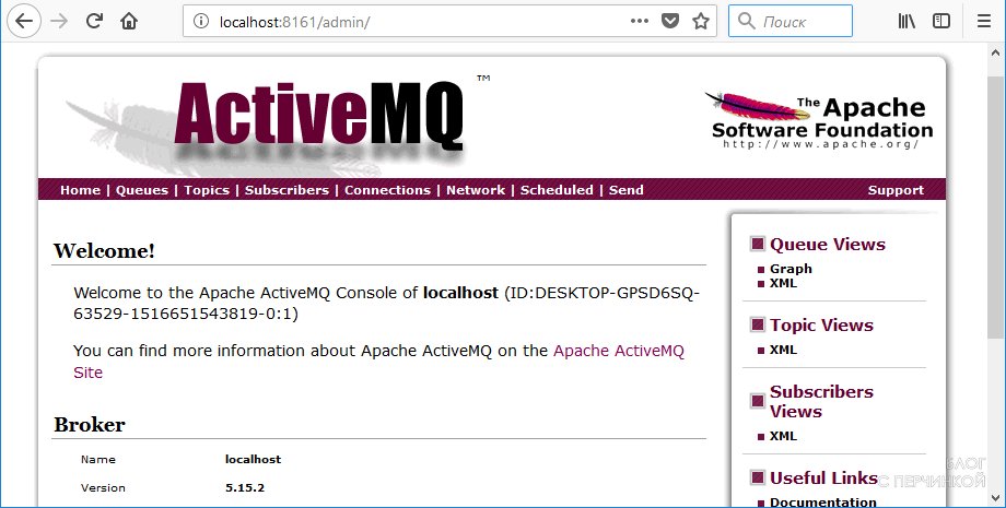 Админская панель ActiveMQ, сразу после устновки